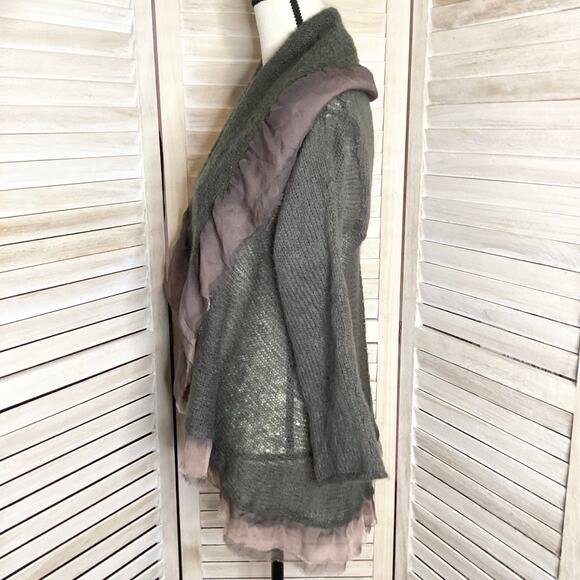 Vintage Olive 100% Wool Mohair? 100% Silk Trim Draped Shawl Neck Cardigan M/L - Picture 2 of 10